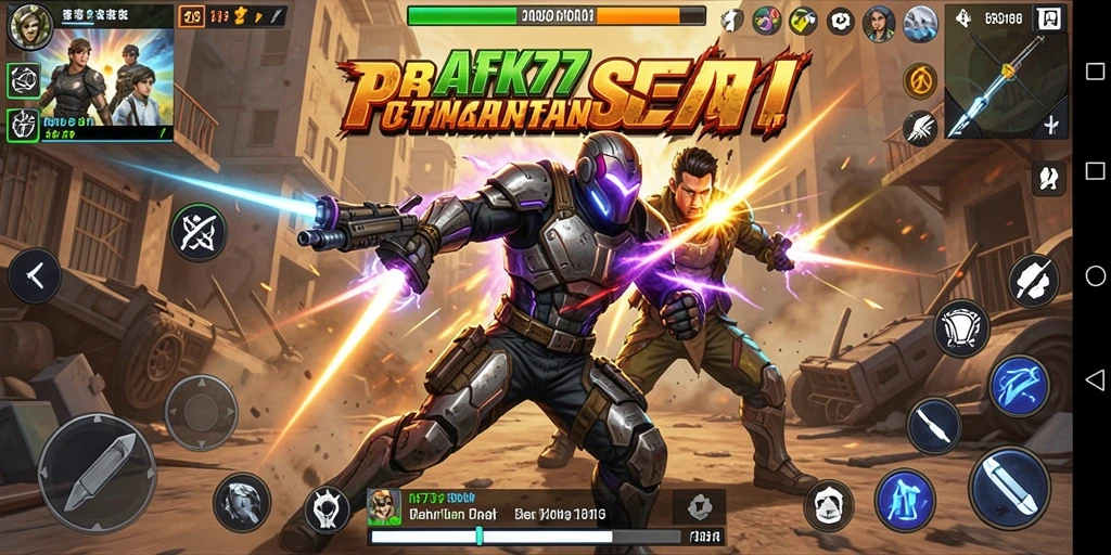 Screenshot gameplay <strong>AFK77</strong> menunjukkan pertarungan seru dan karakter yang dinamis.