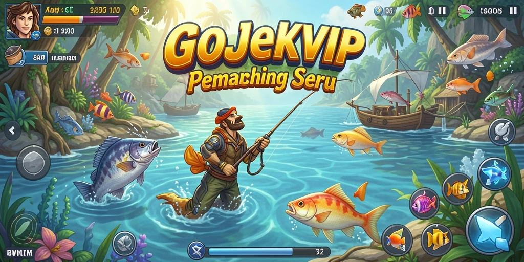 Screenshot gameplay GOJEKVIP menampilkan aksi seru saat memancing.