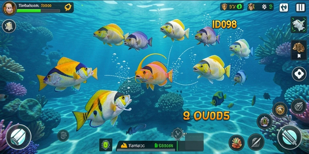 Screenshot utama ID098 menampilkan aksi menembak ikan yang seru.