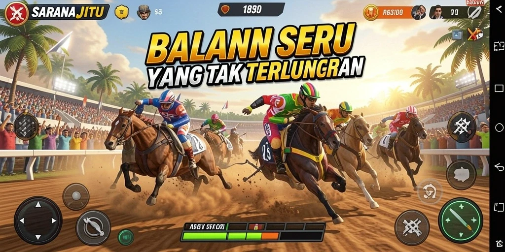 Screenshot gameplay SARANAJITU menunjukkan suasana balapan yang intens dan mengasyikkan.